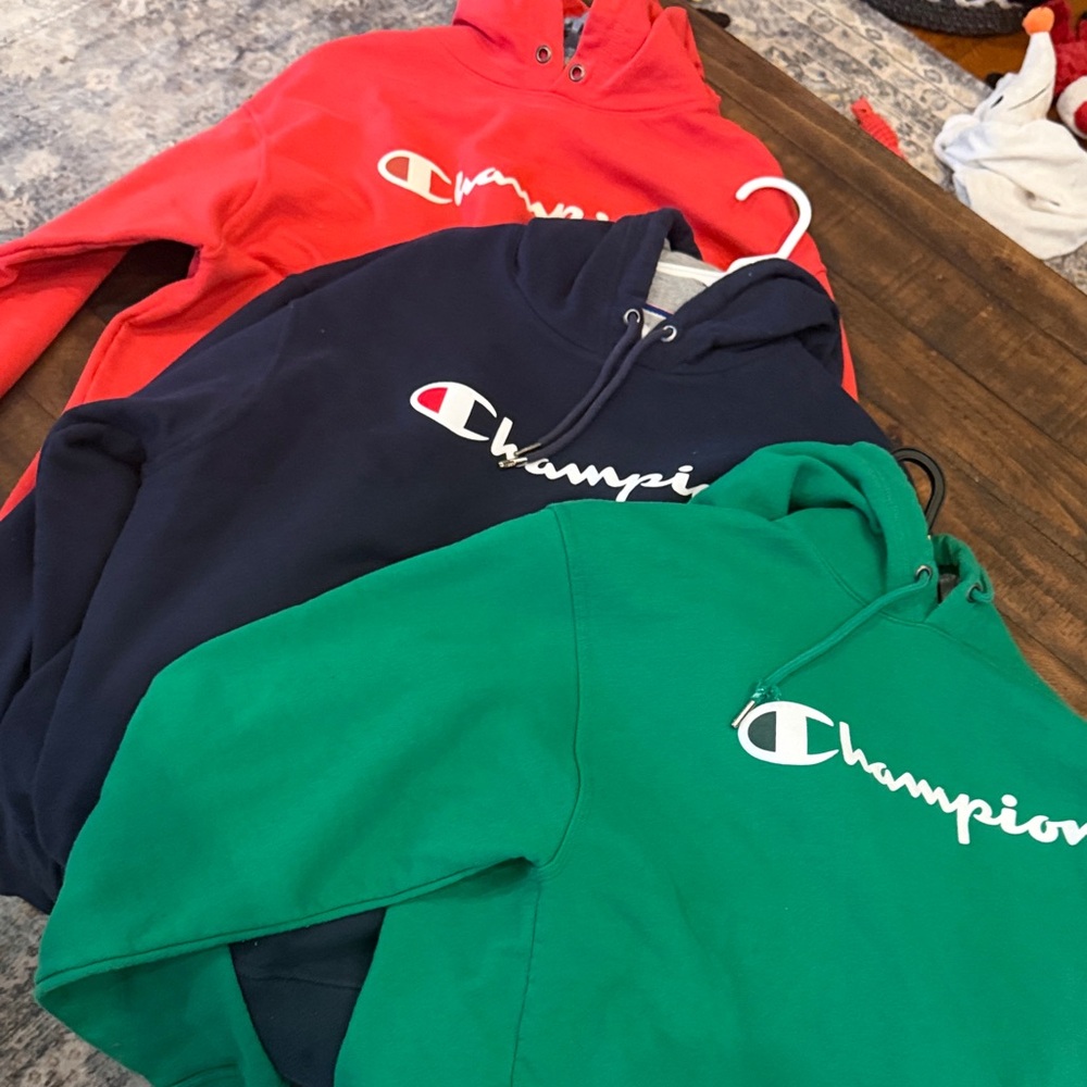 Champion Hoodies in Red, Navy, and Green